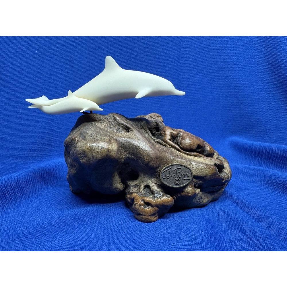 John Perry Pair Dolphin Figurines Burlwood Wood Base Sculpture Mother Calf VTG